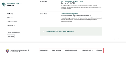 Bildschirmaufnahme der Startseite. EIn roter Kasten ist um das Menü der Fußzeile.