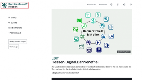 Bildschirmaufnahme der Startseite. EIn roter Kasten ist um das Logo.