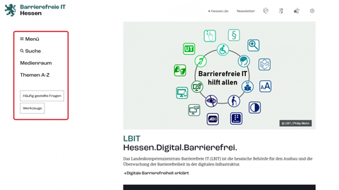 Bildschirmaufnahme der Startseite. EIn roter Kasten ist um das Hauptmenü.