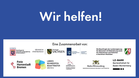 Blau-Weiße Fläche. Auf blauer Fläche Text: Wir helfen! Darunter auf weißer Fläche die Logos der beteiligten Bundesländer