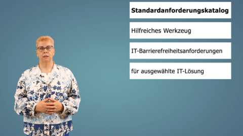 Prof. Dr. Meyer zu Bexten spricht über den Standardanforderungskatalog und die Stichworte "hilfreiches Werkzeug", "IT-Barrierefreiheitsanforderungen" sowie "für ausgewählte IT-Lösungen" werden eingeblendet.