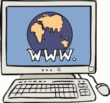 Computer mit Bildschirm, Tastatur und Maus. Auf dem Bildschirm ist die Erdkugel. Unter der Erdkugel stehen die Buchstaben www.